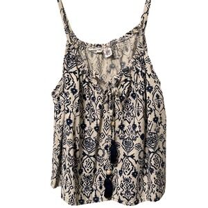 Midnight Sky Blue White Medallion Boho Tassel Tie Front Camisole Top M